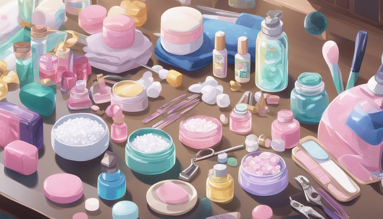 A doll's nail care scene: polish bottles, nail files, cotton pads, and a doll-sized manicure set arranged on a table