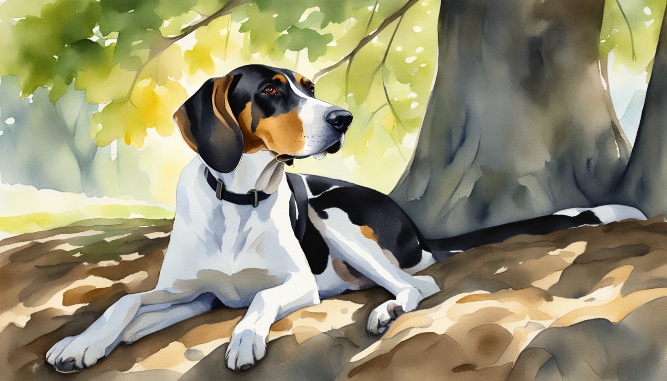 A Treeing Walker Coonhound lounges under a sprawling tree, its long ears and sleek coat catching the dappled sunlight filtering through the leaves