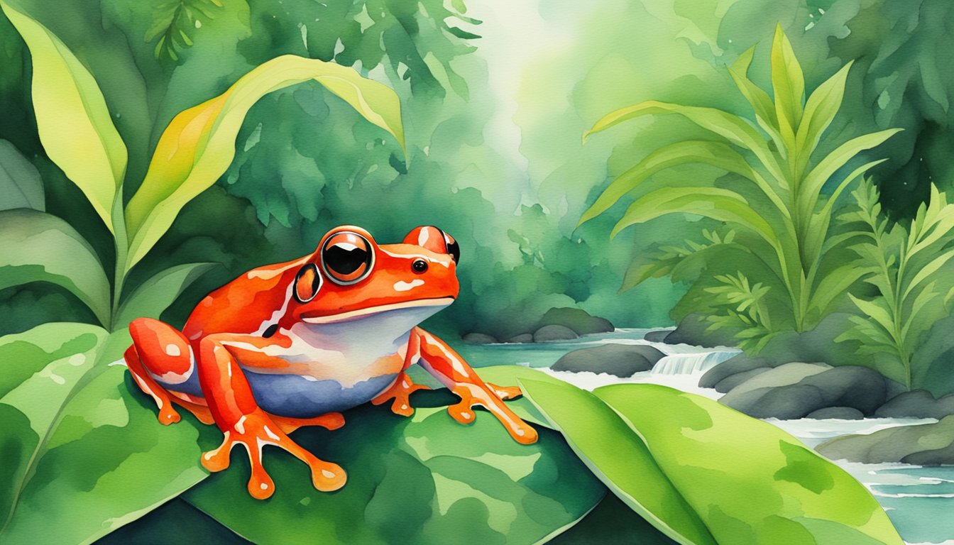 A red frog perched on a vibrant green leaf in a lush rainforest, surrounded by diverse plant life and a flowing stream