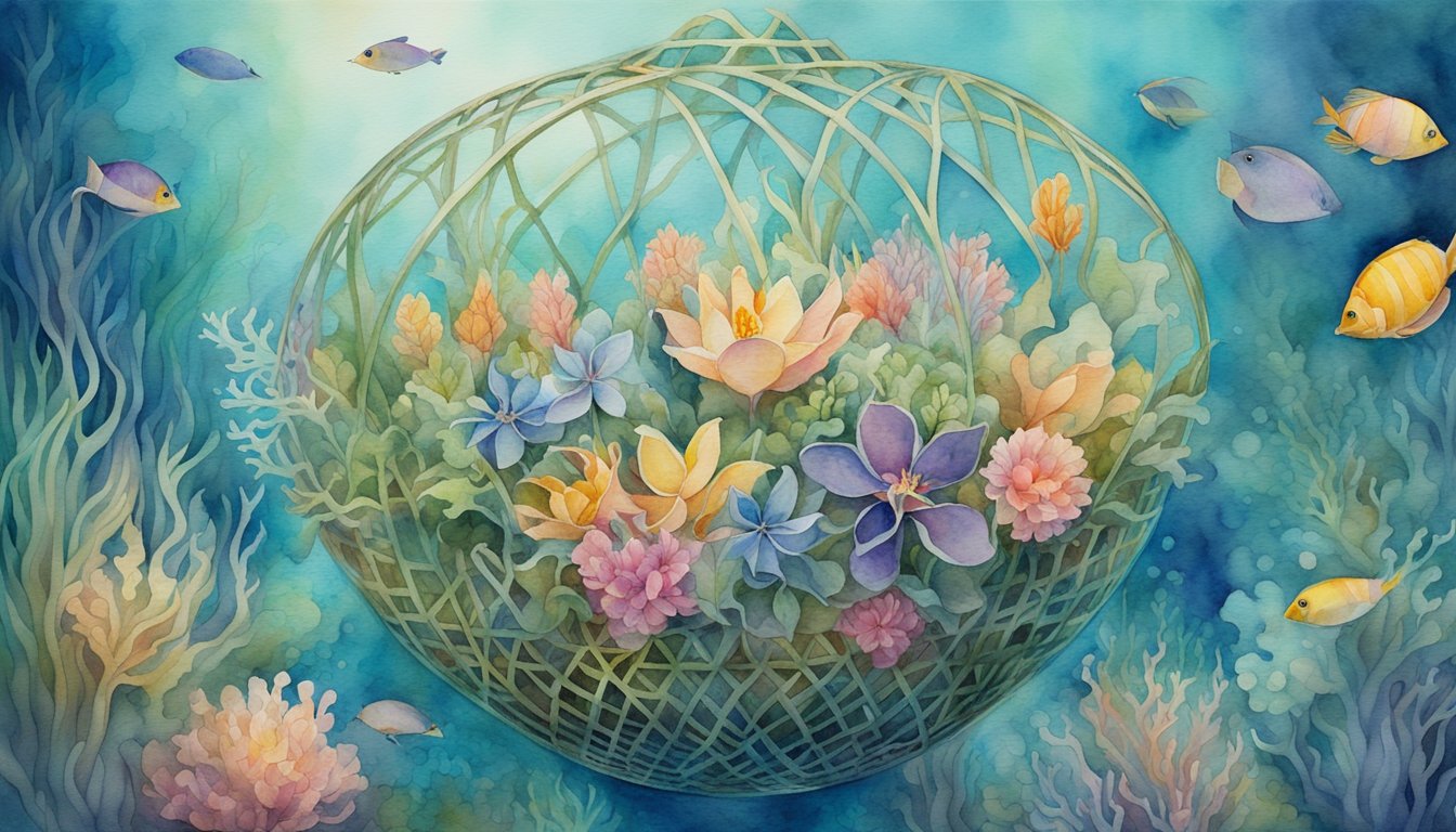 A venus flower basket extends its delicate, intricate lattice structure, surrounded by a vibrant and diverse underwater ecosystem