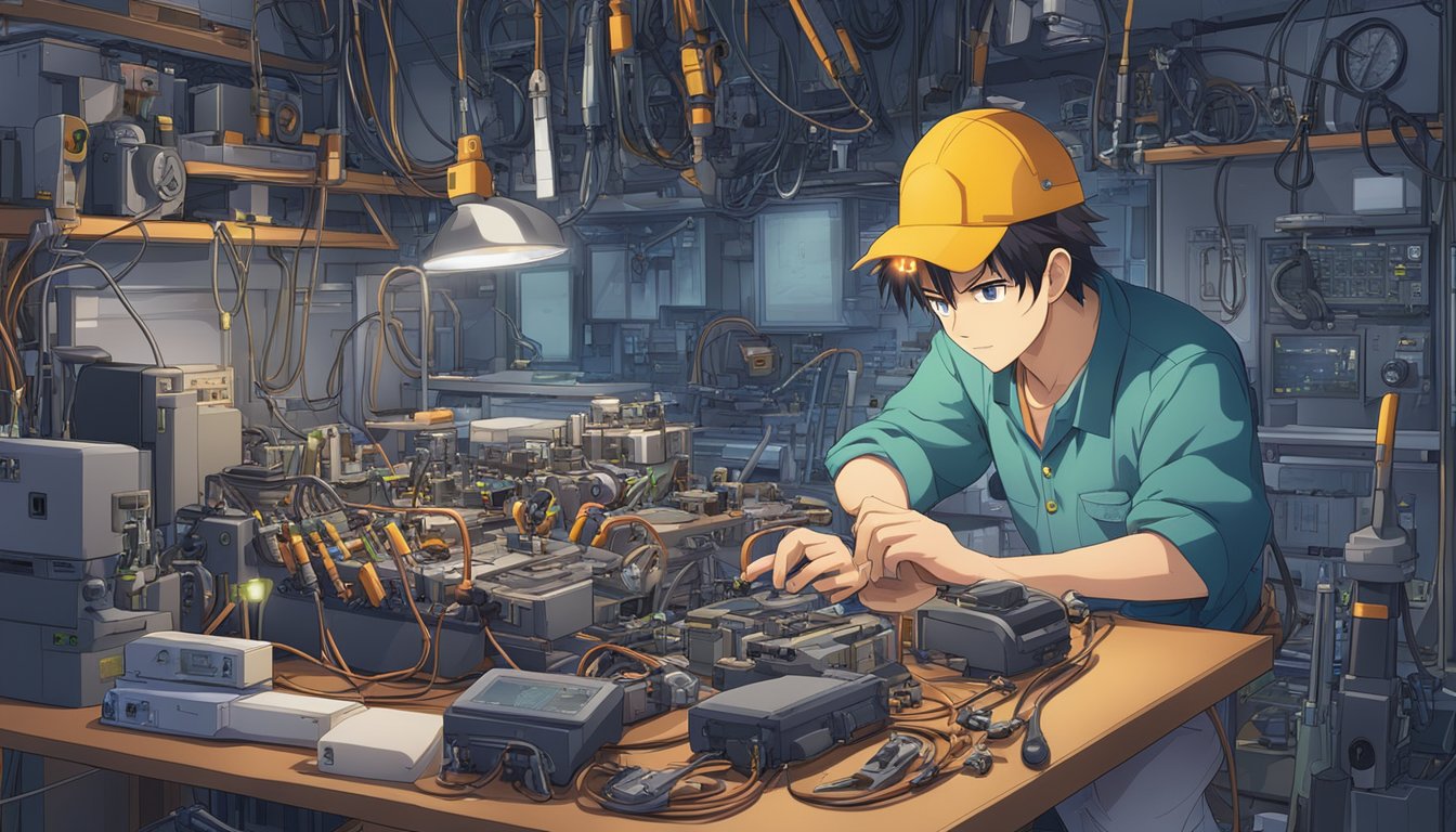 A professional repair person working on a complex electronic device, surrounded by tools and equipment, with a focused and determined expression