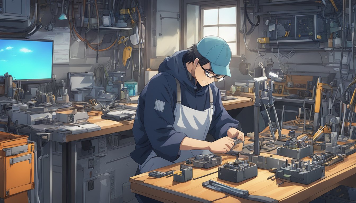 A technician repairing a broken device with tools and equipment on a workbench