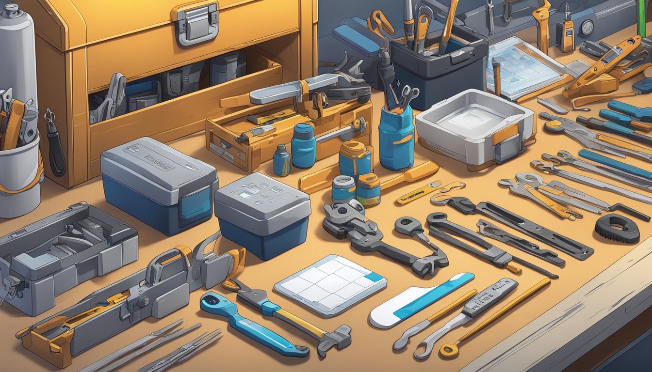 A toolbox with various maintenance tools laid out on a workbench, alongside a schedule planner and product care instructions