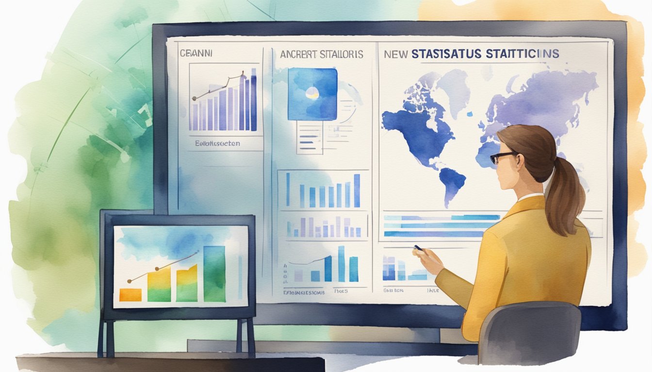 A news anchor presents a graph of statistical data on a TV screen, while a headline about the impact of statistics in the news flashes across the bottom