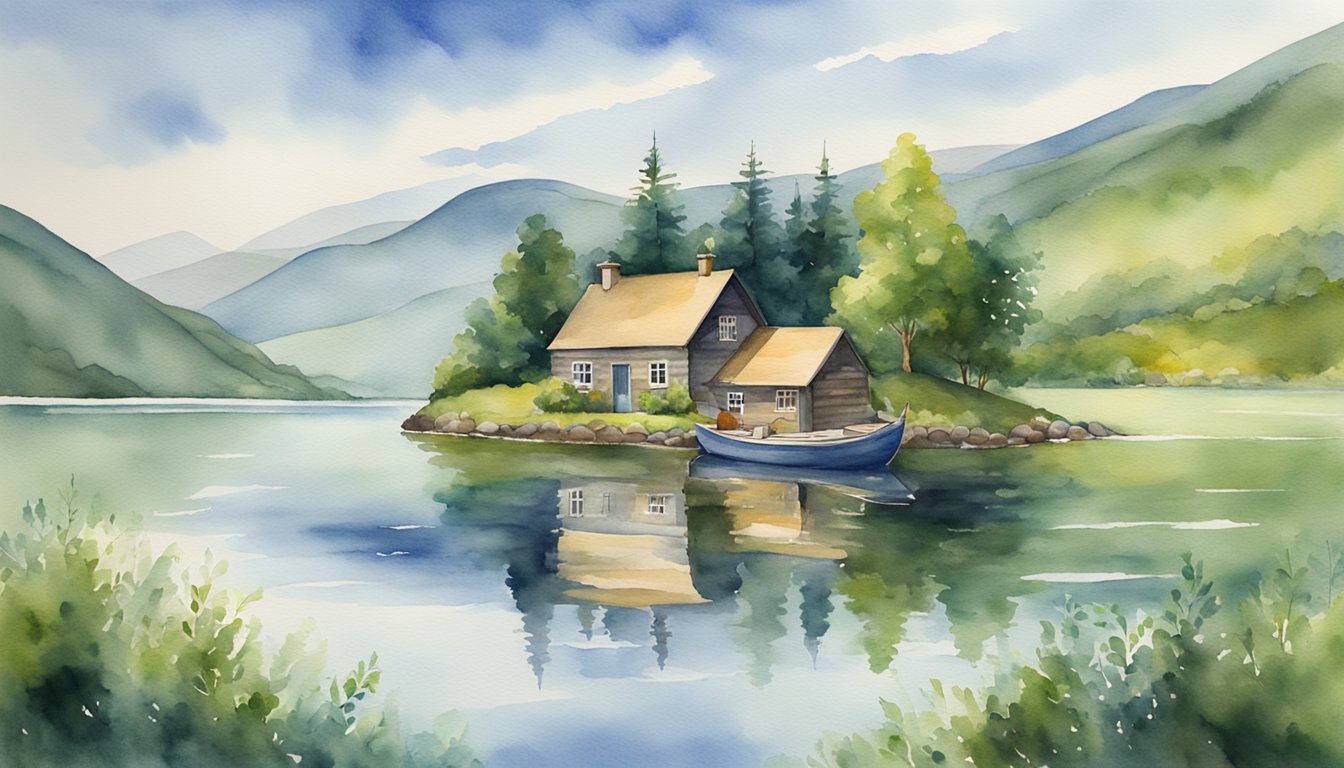 The serene waters of Loch Ness reflect the surrounding lush green hills.</p><p>A cozy cabin sits on the shore, offering a perfect retreat for travelers