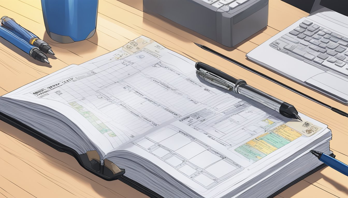 A maintenance log book sits open on a desk, filled with detailed entries. A safety manual and a pen are nearby, emphasizing the importance of record-keeping for safety and maintenance