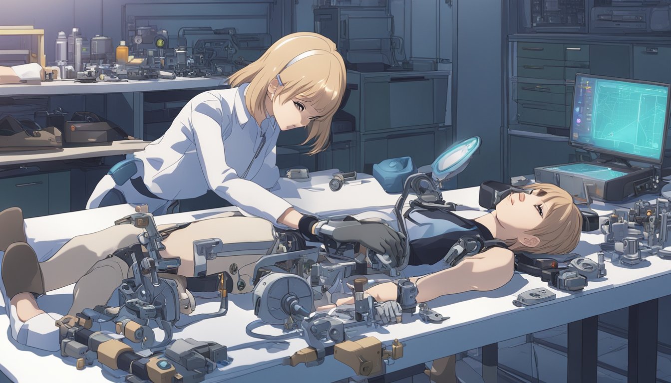 A sex doll lying on a table, with diagnostic tools and equipment scattered around. A technician examining the doll's joints and mechanisms for troubleshooting