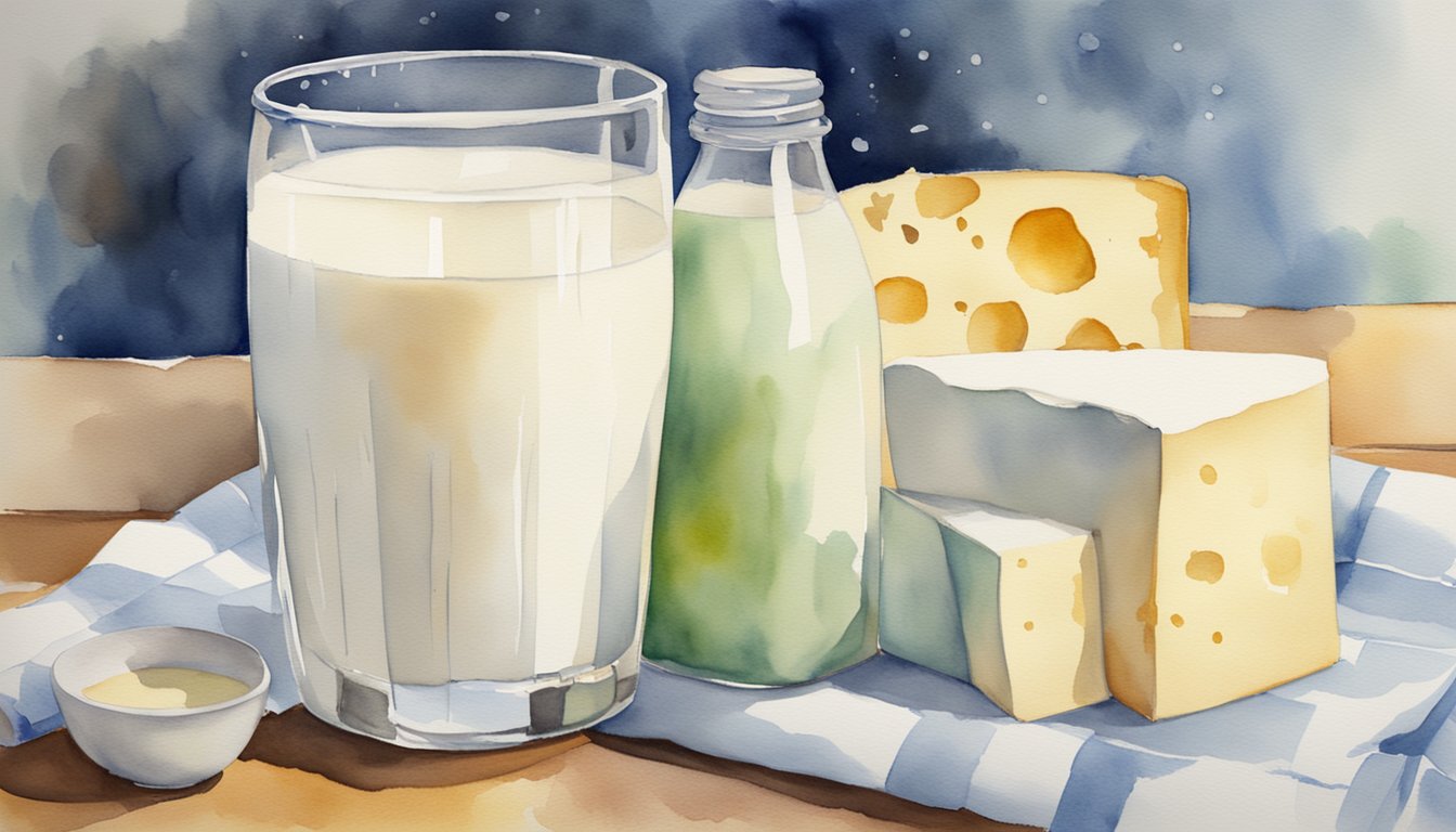 A glass of milk surrounded by dairy products and a nutritional chart