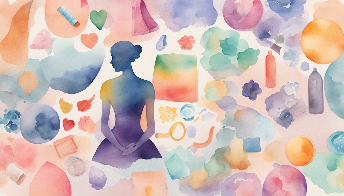 A woman's silhouette surrounded by menstrual products and educational materials on menstrual health