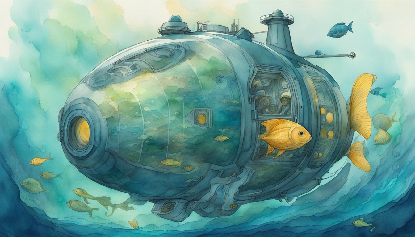 The Titan submersible descends into the deep ocean, surrounded by bioluminescent creatures and swirling currents