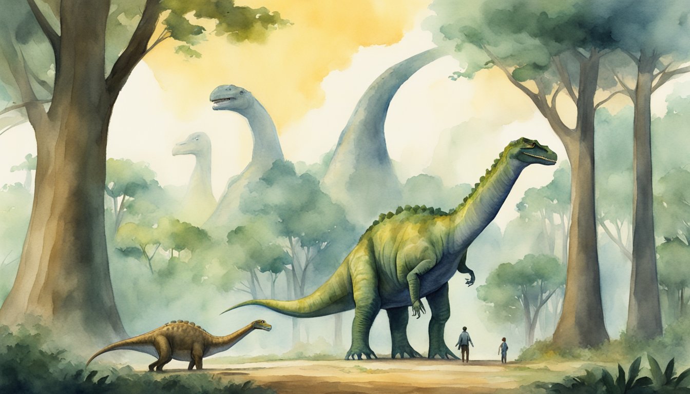 Enormous dinosaur towers over trees, with massive legs and long neck.</p><p>Size comparison shows it dwarfing other dinosaurs