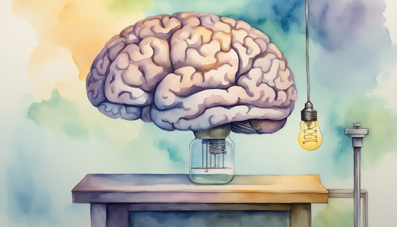 A brain floating above a scale, with a measuring tape wrapping around it, and a lightbulb hovering nearby