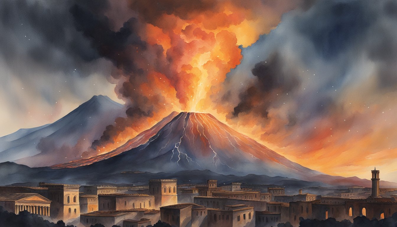 A massive volcano erupts, spewing ash and lava, engulfing the ancient city of Pompeii in a fiery inferno.</p><p>The sky darkens as the destructive force of nature unfolds