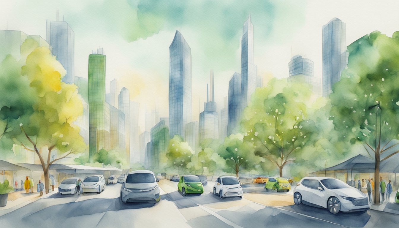 A bustling city with renewable energy sources, electric vehicles, and green infrastructure leading to a carbon-neutral future