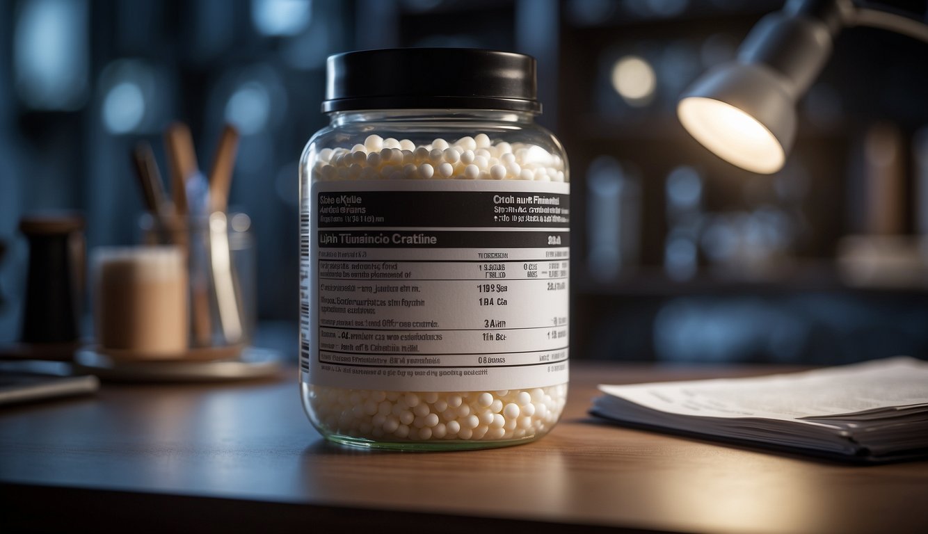 A jar of creatine sits on a table, surrounded by scientific studies and articles on its properties and effects