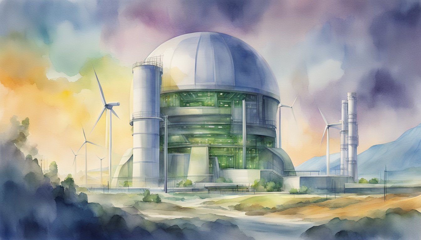 A compact nuclear reactor sits within a futuristic landscape, surrounded by advanced technology and clean energy infrastructure