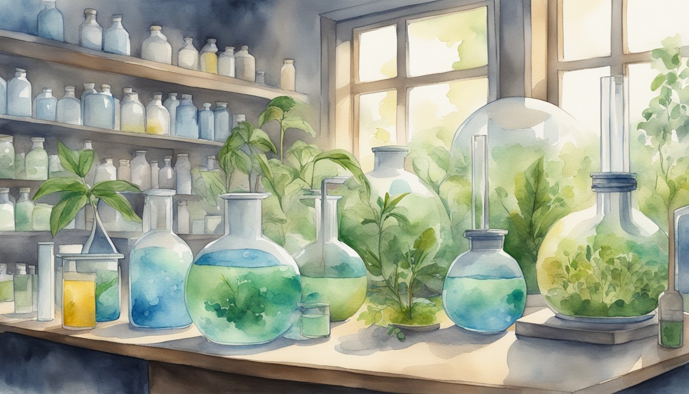 Chemical reactions in a laboratory setting with environmental elements such as plants, water, and air