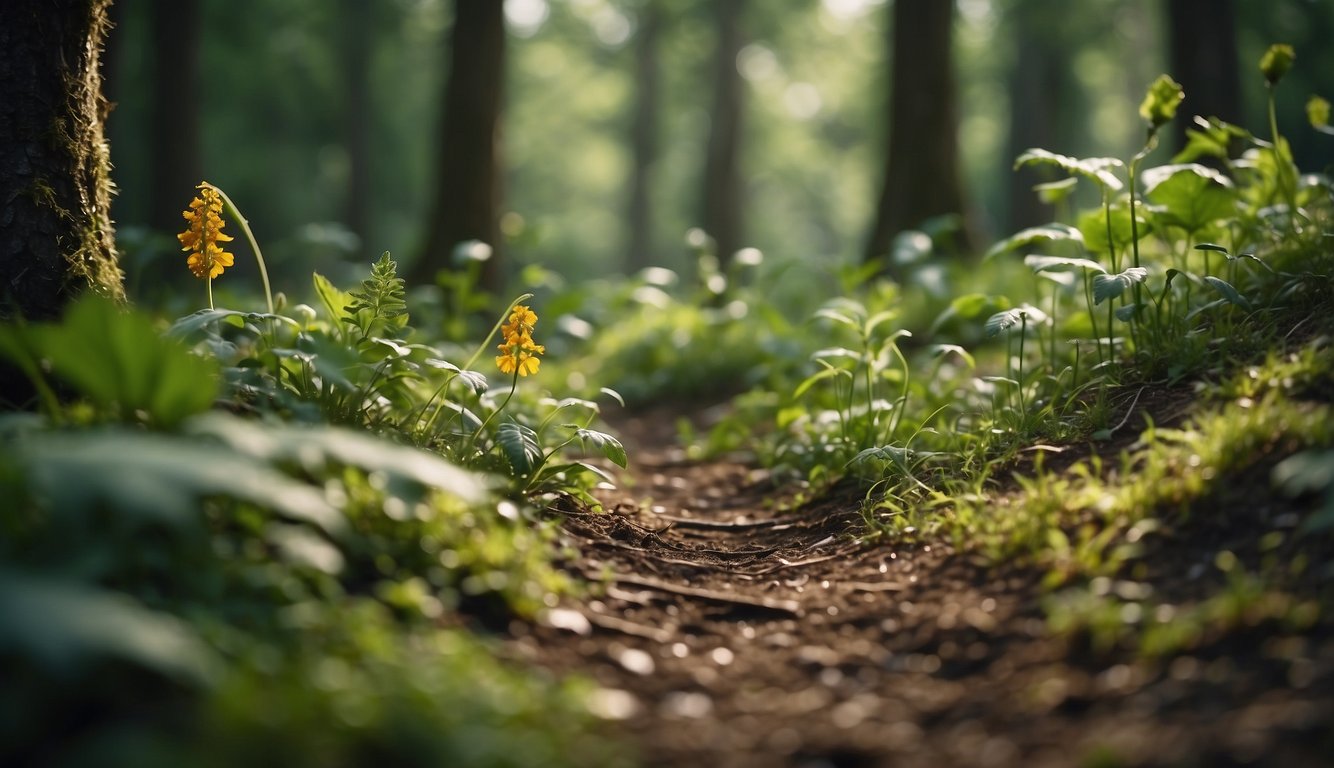 A lush forest clearing with a variety of wild edible plants and fruits scattered on the ground