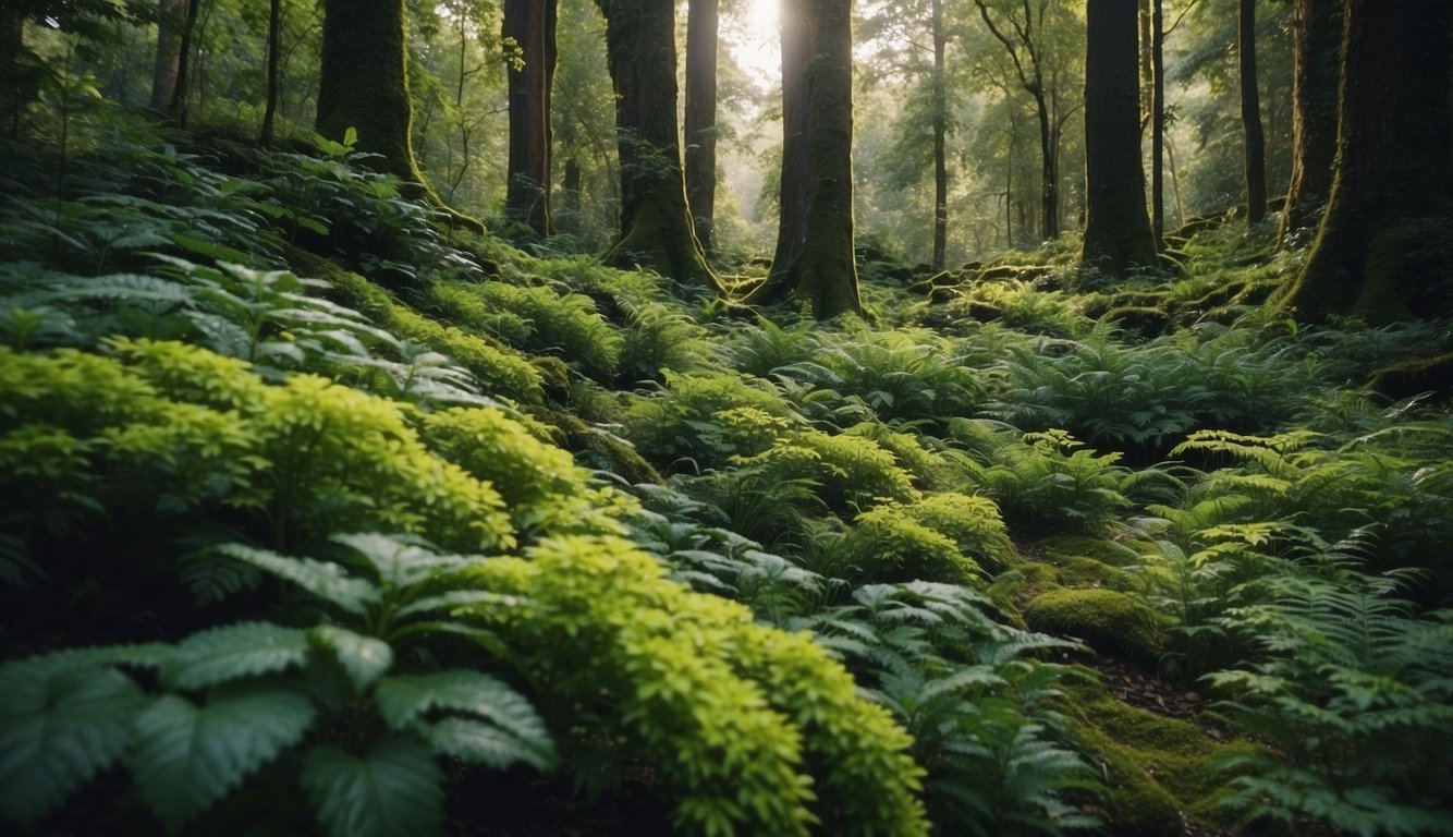 A lush forest with diverse plant life, vibrant colors, and various textures, showcasing the beauty of nature's biodiversity