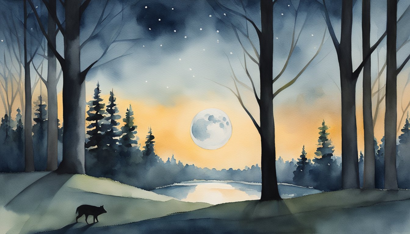 The full moon illuminates a serene forest, casting long shadows and highlighting the natural beauty of the landscape.</p><p>The trees stand tall and majestic, while nocturnal animals emerge to bask in the moonlight