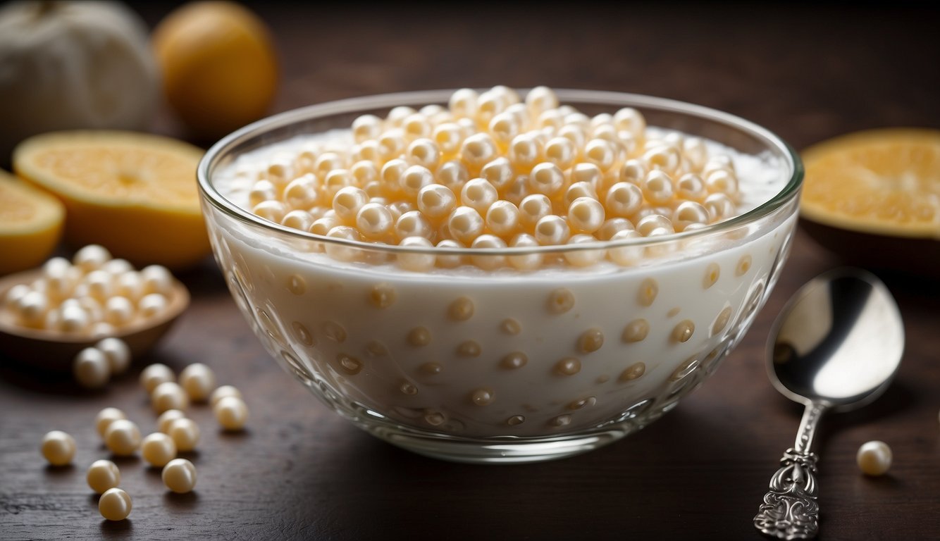 A bowl of tapioca pearls in a clear glass filled with milk, with a spoon resting on the side