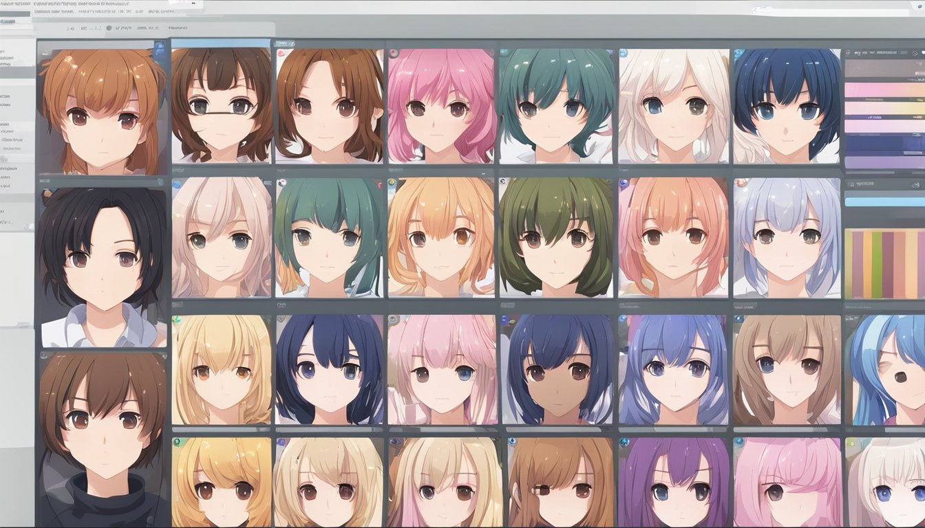 A computer screen shows a variety of customizable options for a sex doll, including body shape, skin tone, hair color, and facial features. Dropdown menus and color swatches are visible on the screen