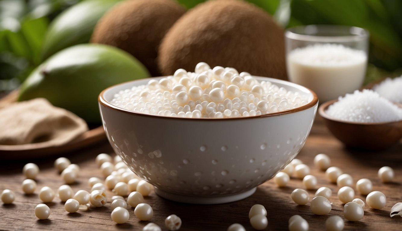 A bowl of tapioca pearls sitting on a wooden table, surrounded by ingredients like coconut milk, sugar, and vanilla beans