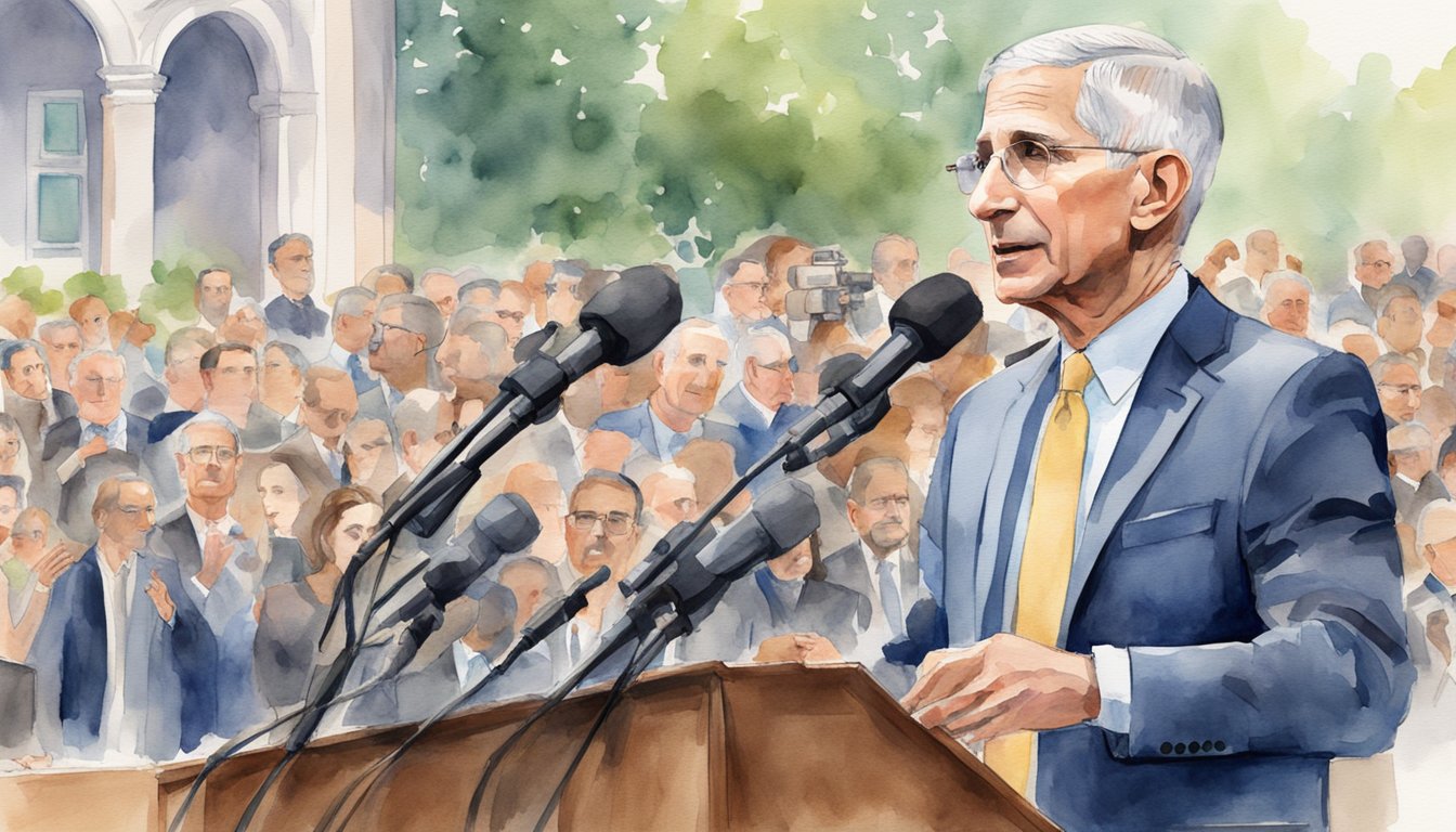 Anthony Fauci stands at a podium, addressing a crowd.</p><p>Microphones and cameras surround him, capturing his every word.</p><p>A sense of urgency and determination radiates from his posture