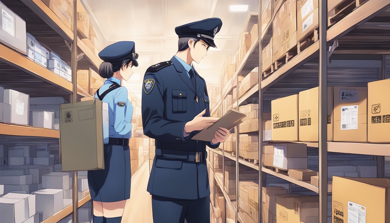 A customs officer inspects a shipment of sex dolls, checking documentation and verifying compliance with import regulations