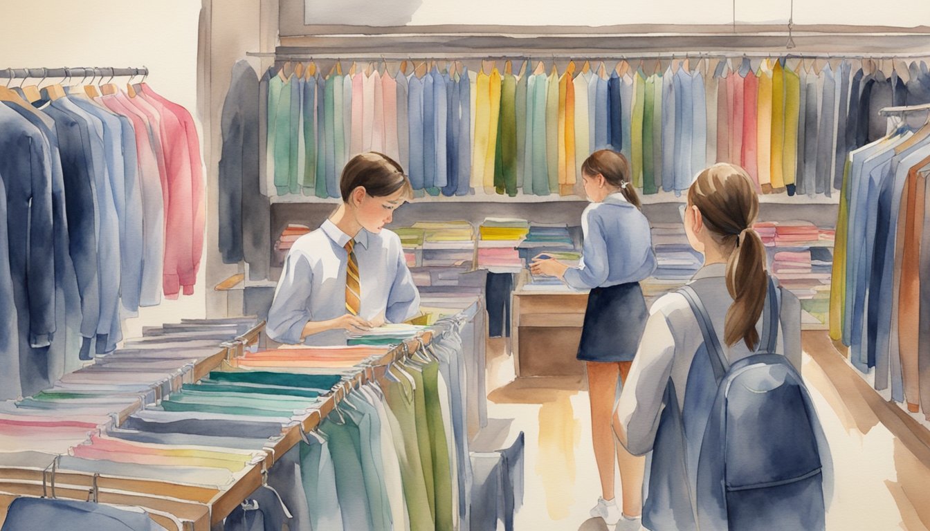 Students browsing racks of school uniforms, prices displayed