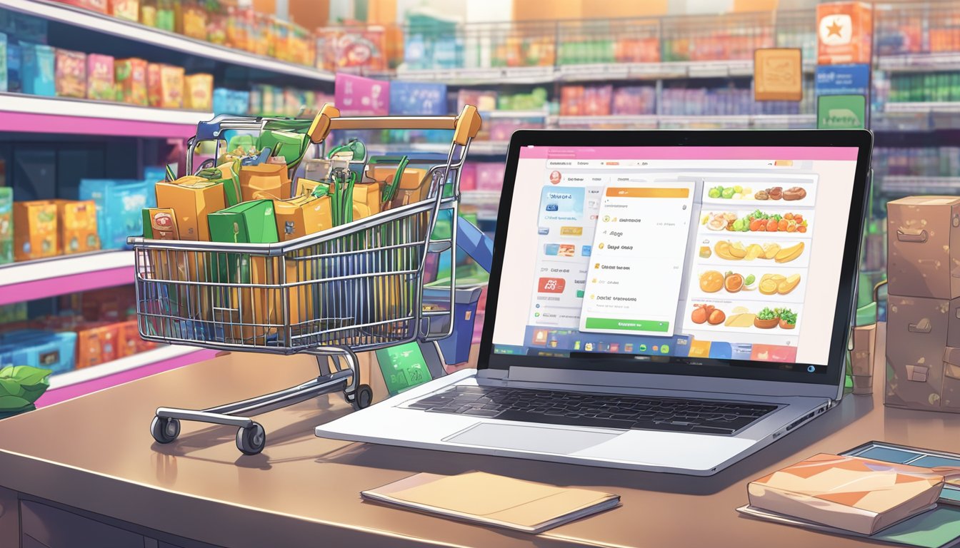 A laptop displaying star ratings and reviews next to a shopping cart filled with various products