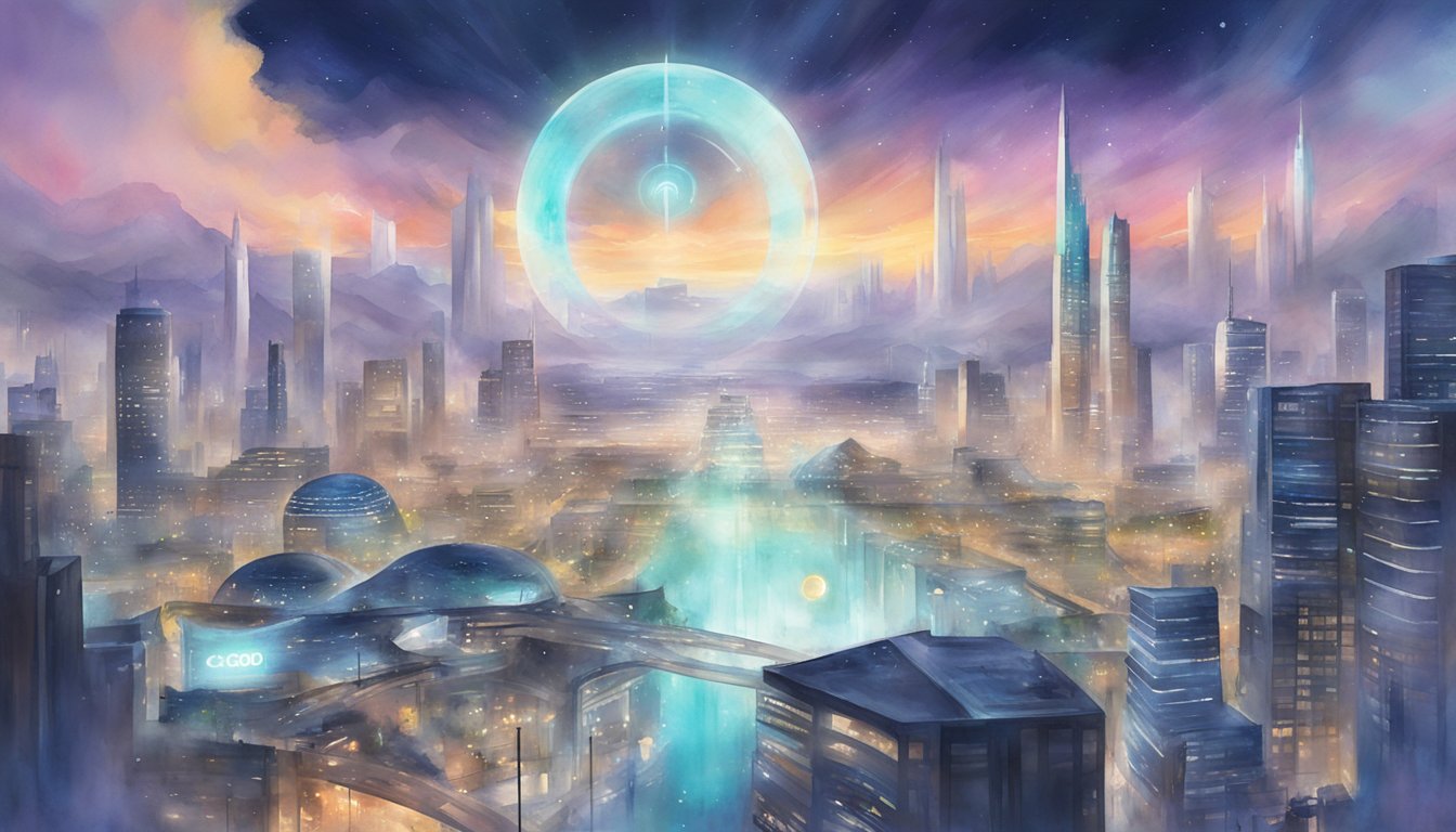 A futuristic cityscape with Alphacode's logo projected in the sky, surrounded by advanced technology and bustling activity