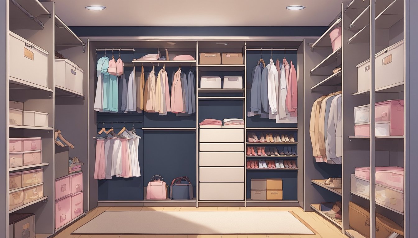 A spacious closet with adjustable shelves and compartments, showcasing various storage options for a sex doll