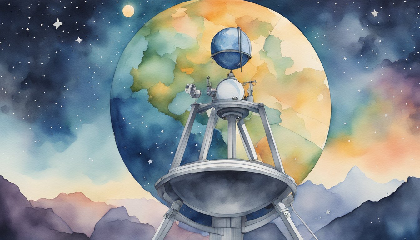 A telescope gazes into the starry cosmos while a globe sits beneath, symbolizing Earth's climate