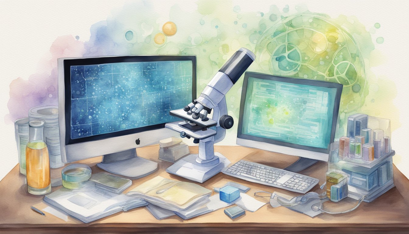 A microscope and a computer screen displaying genetic code and cellular structures.</p><p>Textbooks and scientific journals scattered around the lab