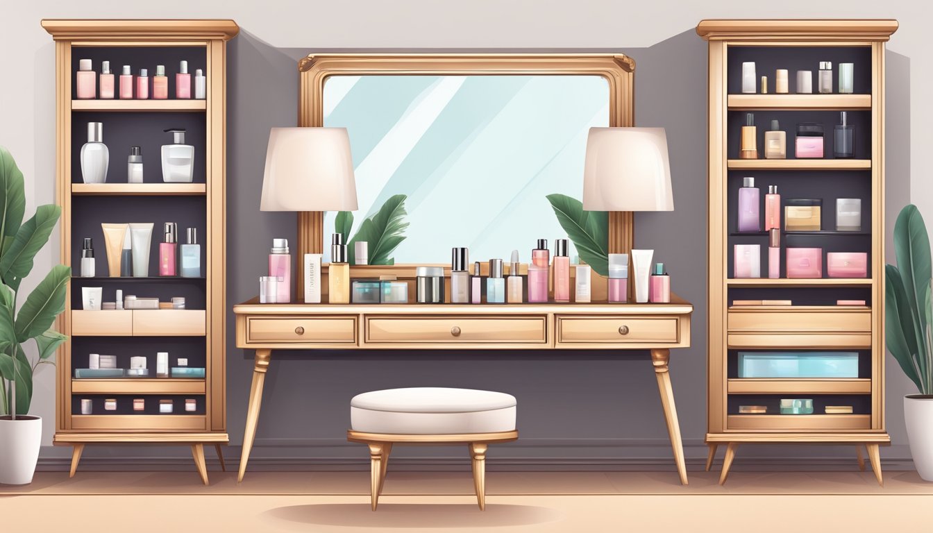 A dressing table with drawers on both sides, adorned with neatly arranged beauty products and a mirror in the center