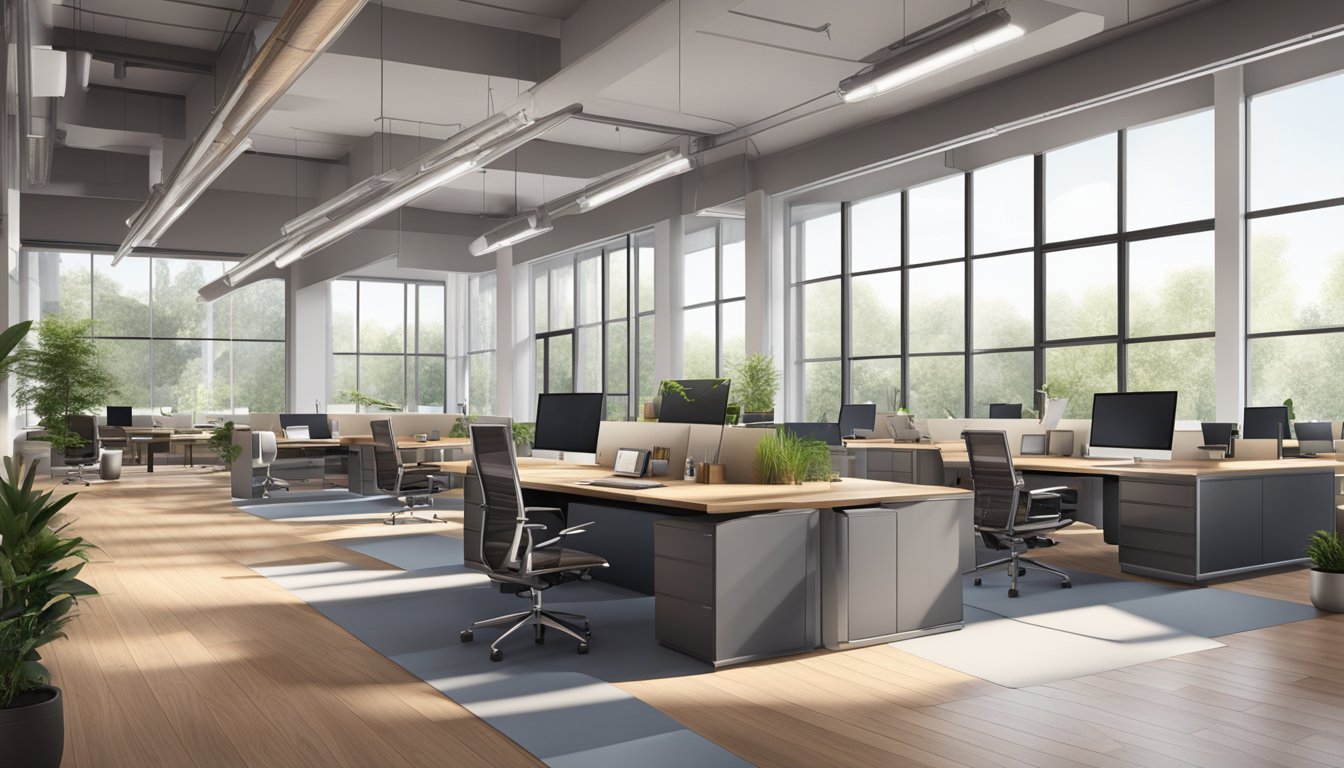 A modern, open-concept office space with sleek furniture, large windows, and minimalist decor. The space is filled with natural light and features a mix of wood and metal accents