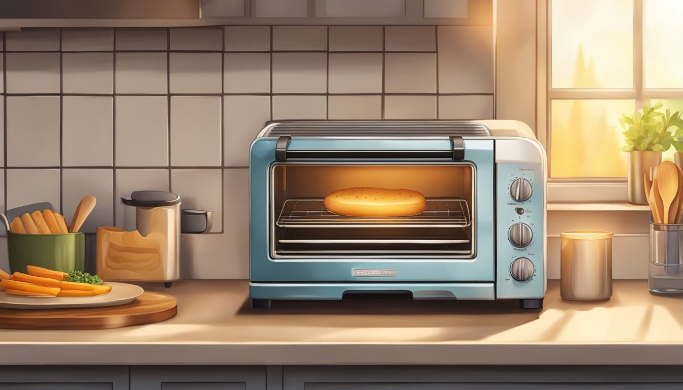 A ceramic toaster oven sits on a kitchen counter, with a warm glow emanating from its interior