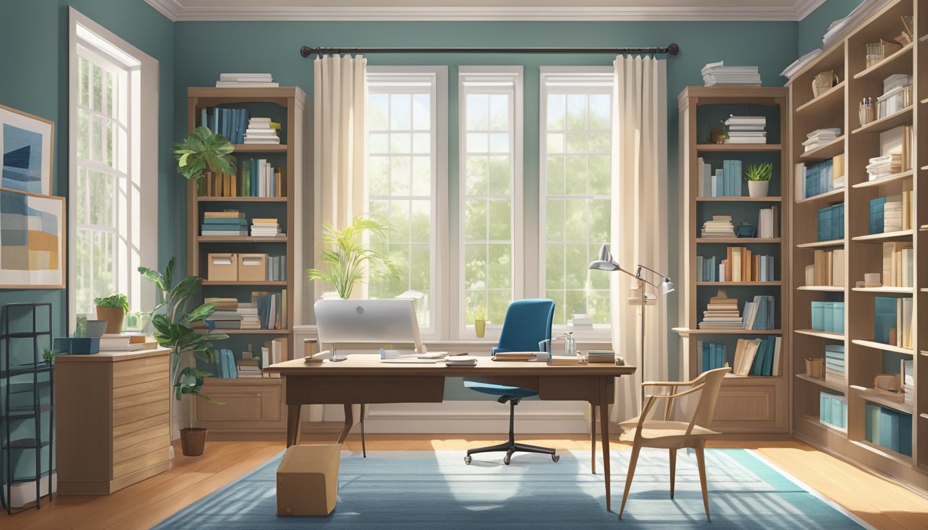 A bright, organized home office with a large desk, ergonomic chair, bookshelves, and natural light streaming in through a window