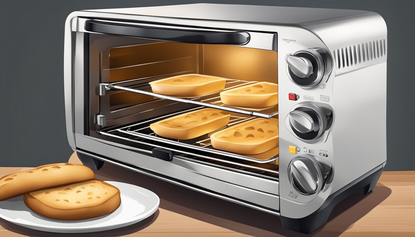 A ceramic toaster oven with sleek design and digital controls, toasting bread and baking cookies simultaneously