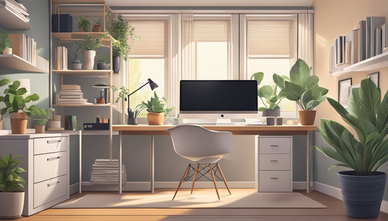 A cozy home office with a large desk, ergonomic chair, natural lighting, and organized storage shelves. A laptop and desk lamp are placed on the desk, with a potted plant in the corner