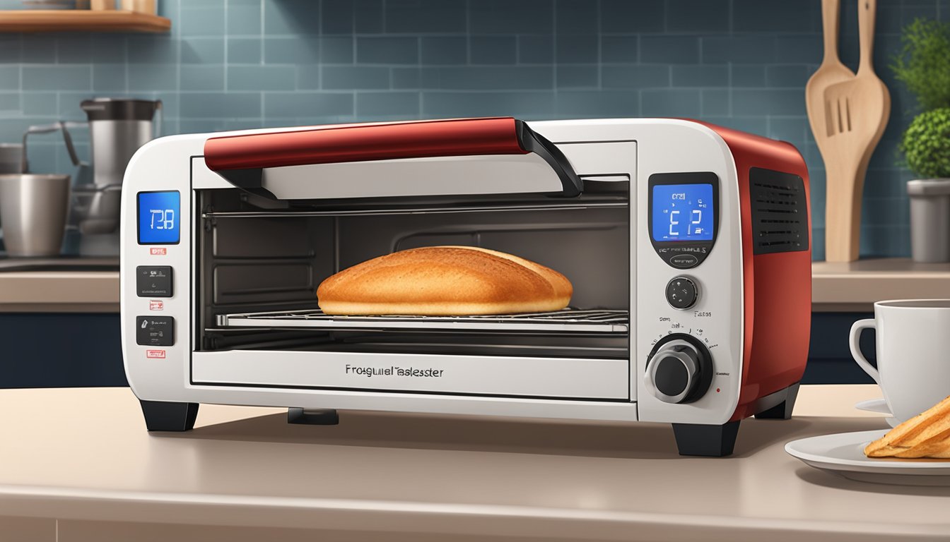 A ceramic toaster oven sits on a kitchen countertop, with a glowing red heating element inside and a digital display showing "Frequently Asked Questions."