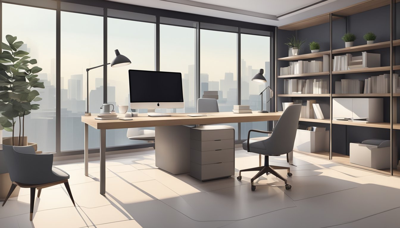 A modern office with a sleek, minimalist design. A large desk with a computer, bookshelves, and a comfortable seating area. Clean lines and neutral colors create a professional and inviting atmosphere