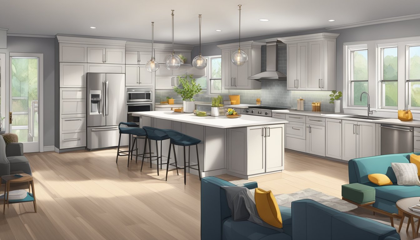A family room with modern furniture and bright lighting, featuring a newly renovated kitchen and bathroom. A contractor measuring and planning the space