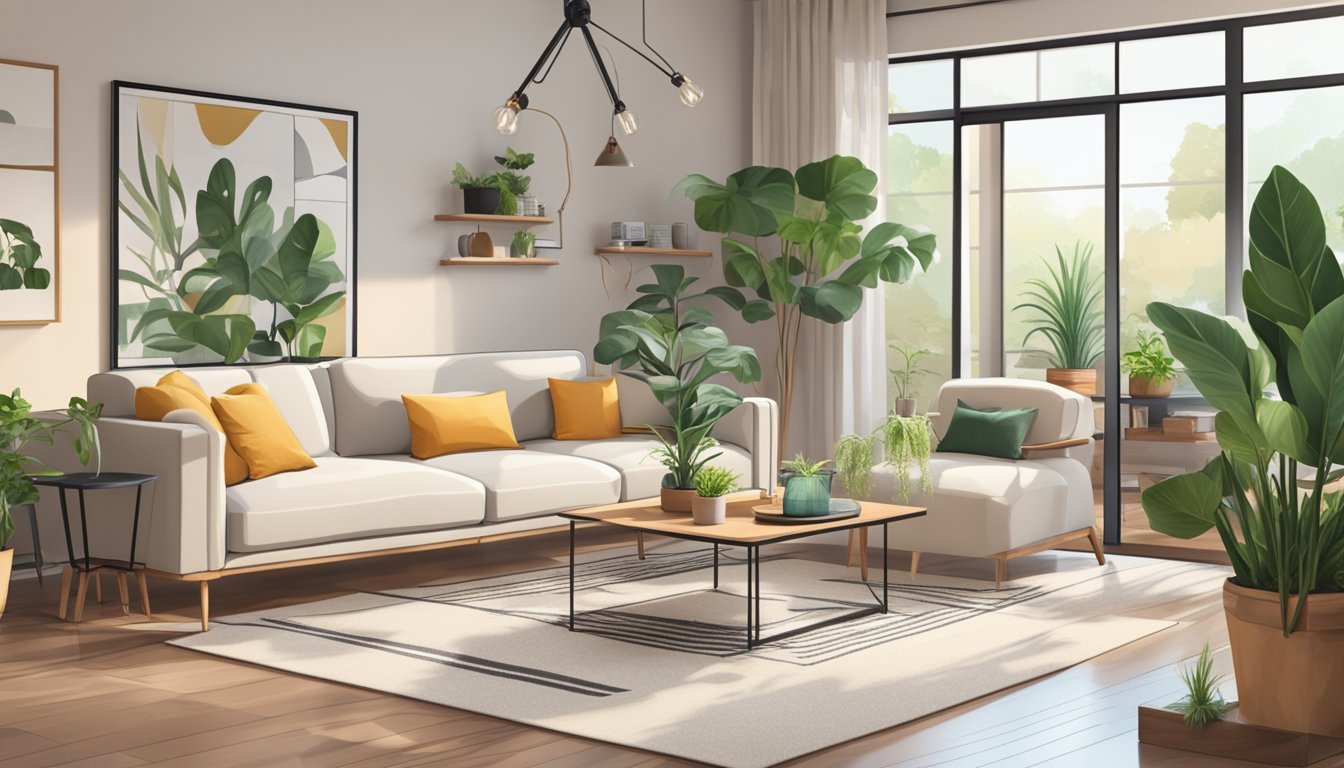 A cozy living room with modern furniture and a freshly renovated kitchen in the background. A couple of house plants add a touch of greenery to the space