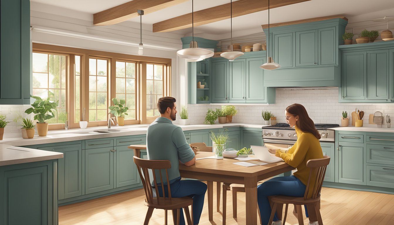 A couple discusses home renovation plans while reviewing Maybank loan options at a cozy kitchen table