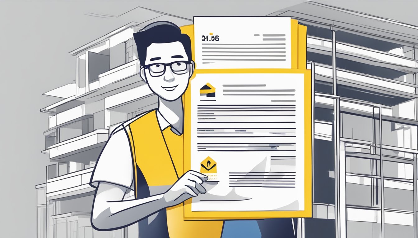 A person holding a Maybank Home Renovation Loan document with a Singapore address and eligibility requirements highlighted