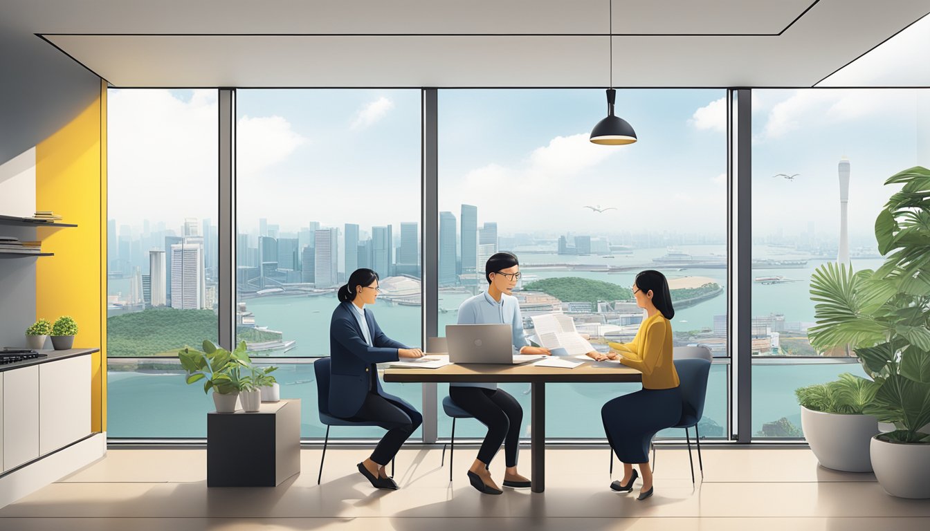A couple sits at a table, reviewing loan documents with a Maybank representative. The room is bright and modern, with a view of Singapore's skyline