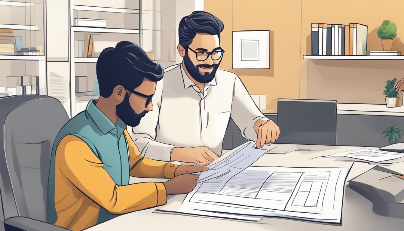 A person submitting documents to a bank representative for a home renovation loan. The representative reviews the application and gives approval