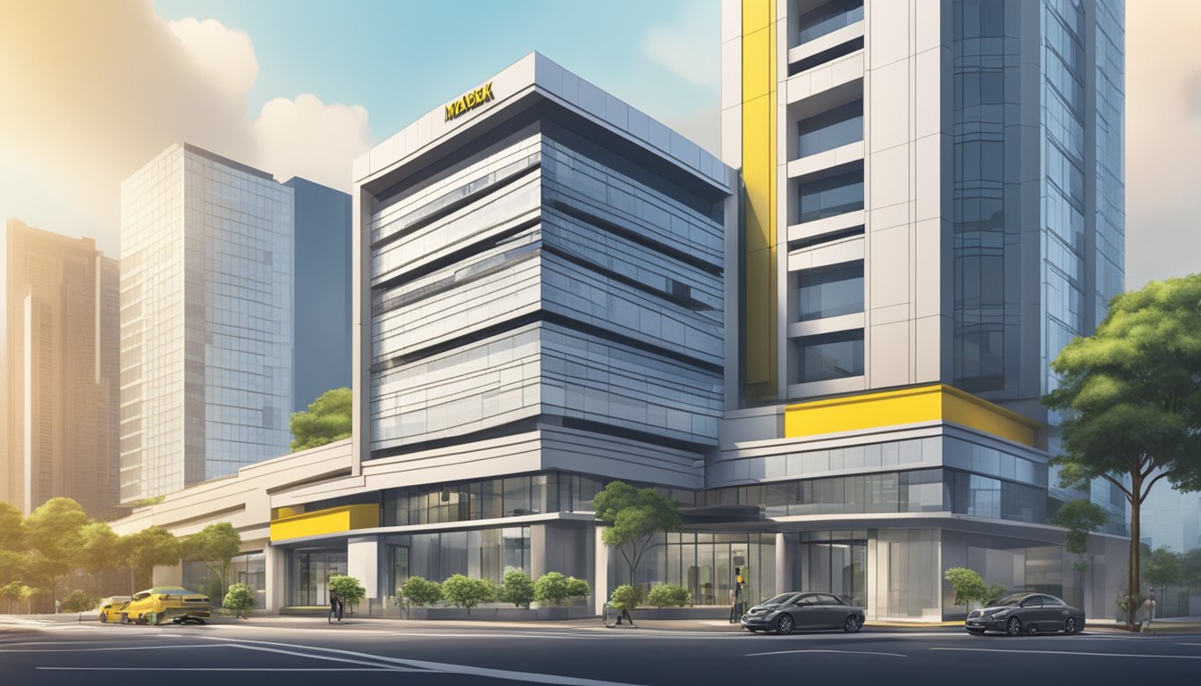 A modern, sleek bank building stands out among others. A sign reads "Maybank Home Renovation Loan Singapore" in bold letters